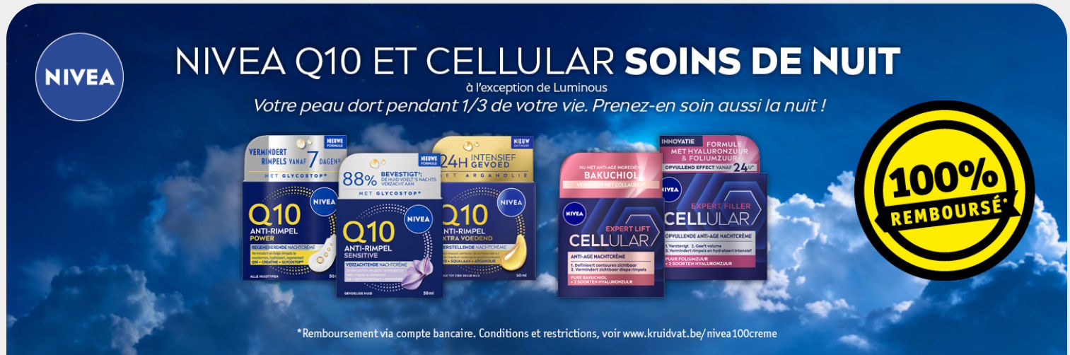 Soin visage de nuit Nivea Q10 ou Cellular 100% remboursé chez Kruidvat